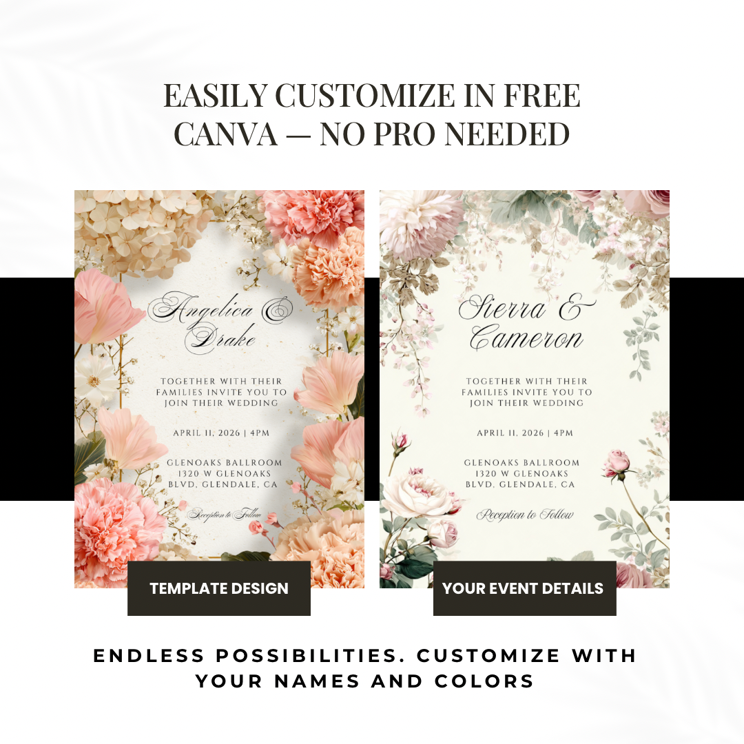 Cream Floral Wedding Invitation Template | Pink Carnation Printable | Elegant Canva Design
