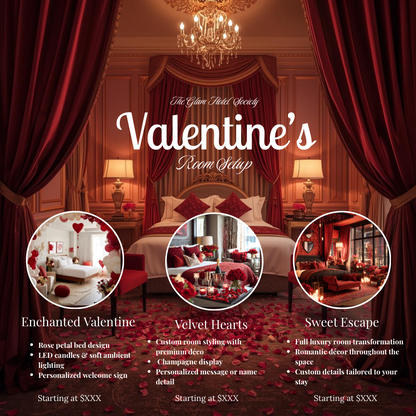 Valentine’s Room Setup Flyer | Velvet Luxe Room Decor Price List |Editable Canva Template for Service Packages