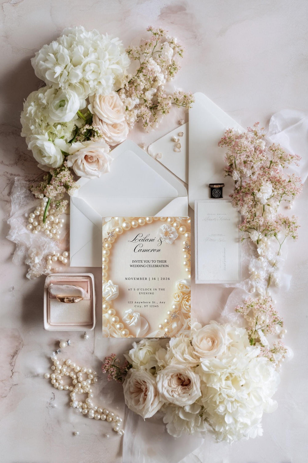 Elegant Pearl Wedding Invitation Template: Ivory Roses (Digital Download)