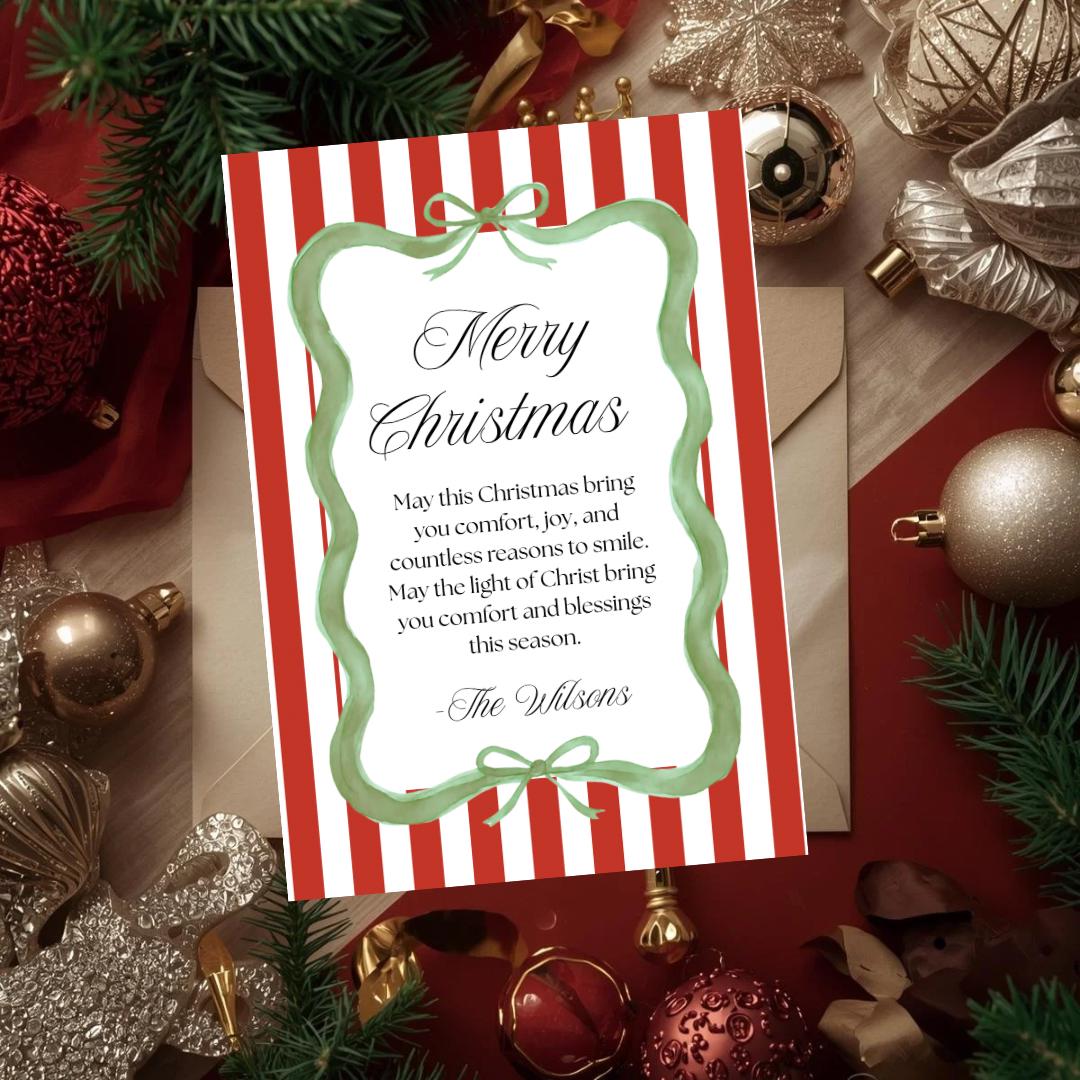Red and green striped Christmas greeting card front with ornate green border and 'Merry Christmas'.