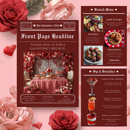 Galentine’s Brunch Event Suite Template | Luxury Editorial Newspaper Style Invitation, RSVP, Menu & Bar Menu | Canva