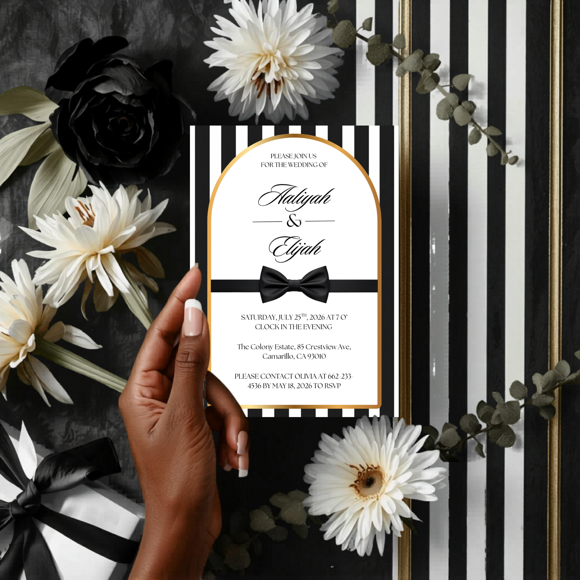 Black Tie Wedding Invitation | Editable Canva Template | Striped black and white