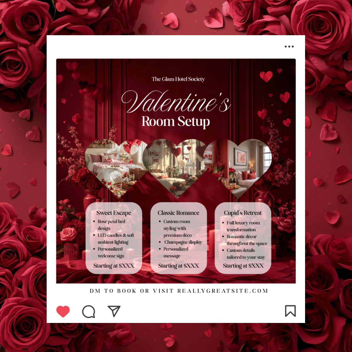 Valentine’s Room Setup Canva Template | Cupid’s Retreat Luxury Hotel Decor Flyer | Valentine’s Day Room Styling Promo | Editable Design