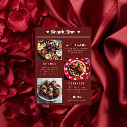 Galentine’s Brunch Menu Template | Luxury Editorial Newspaper Style Menu | Valentine Brunch, Bridal Shower | Canva