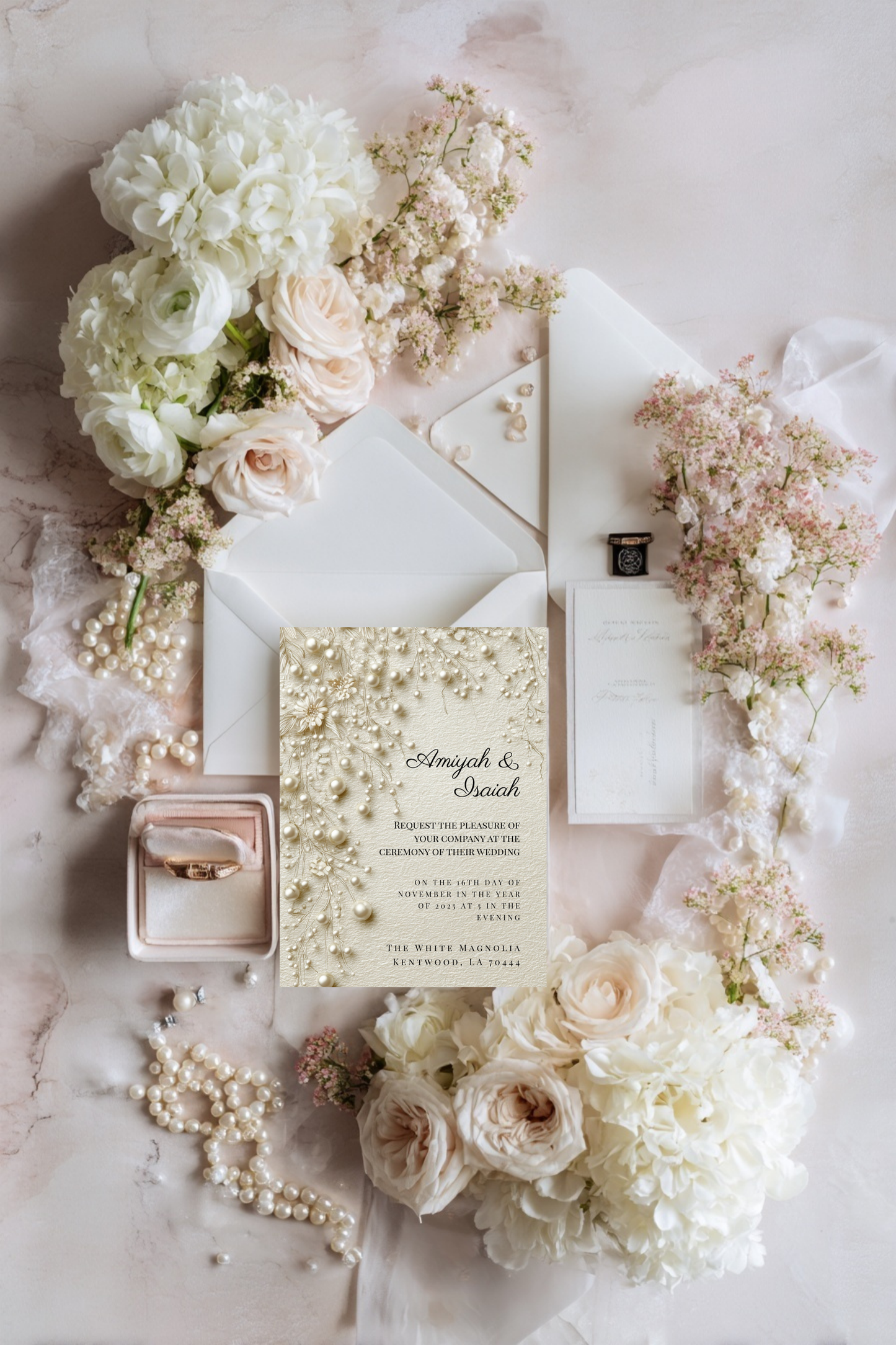 Pearl & Lace Wedding Invitation Template | Vintage Romantic Bridal Invite | Editable Canva Stationery