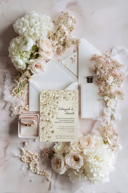 Pearl & Lace Wedding Invitation Template | Vintage Romantic Bridal Invite | Editable Canva Stationery
