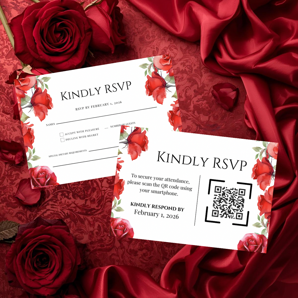 Red Rose Wedding Invitation Suite Template | Romantic Floral Wedding Suite | Editable Canva Wedding Invitations | Printable Invite Set