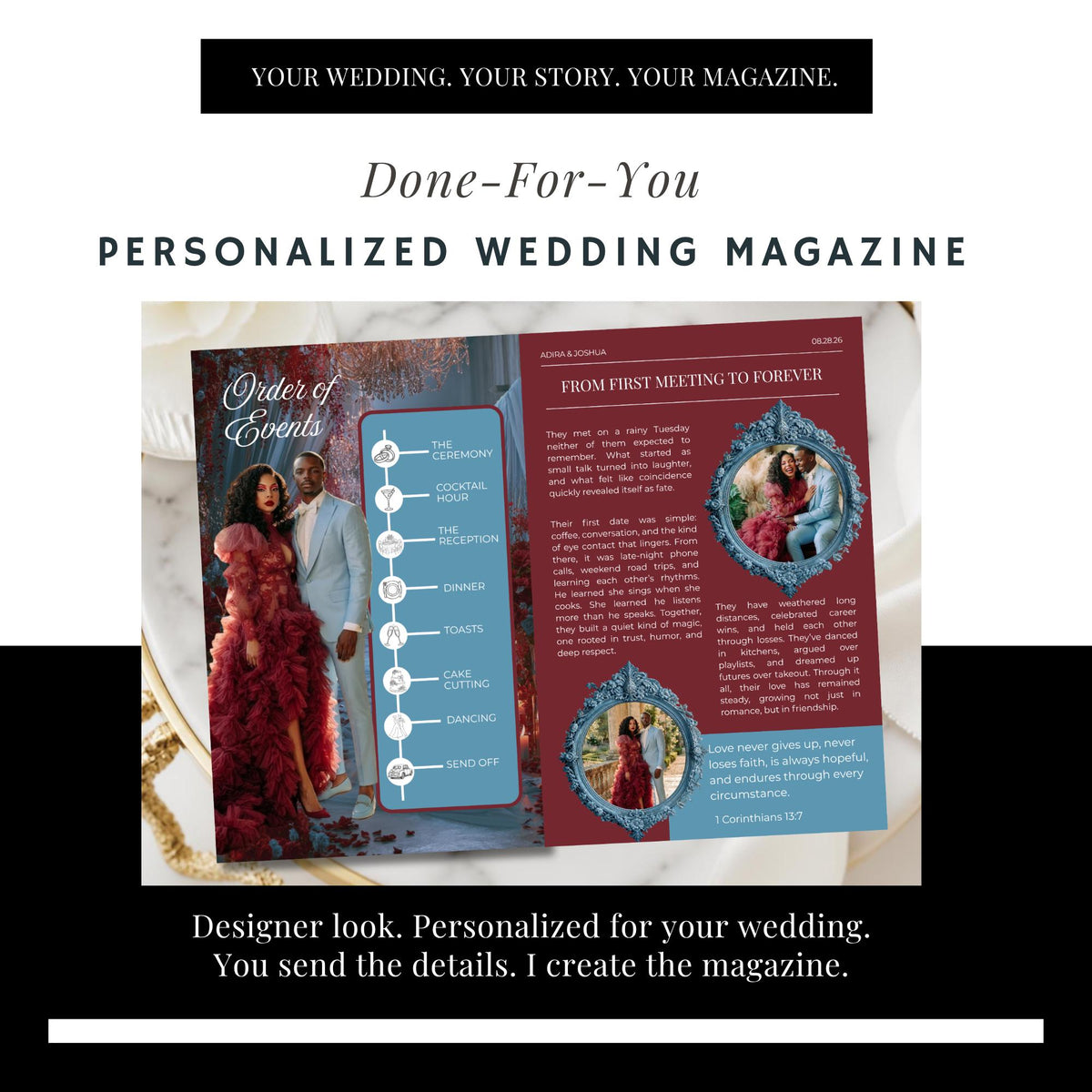 Wedding magazine-style wedding program with two inside pages and circular portrait frames