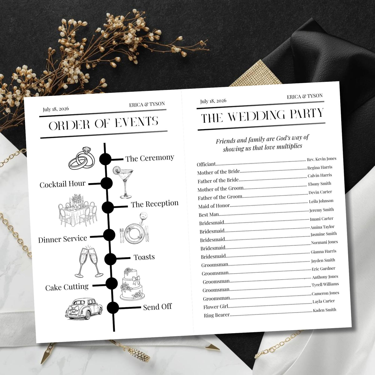 Wedding program open spread showing Order of Events and wedding party list pages