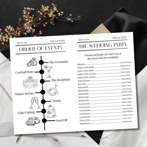 Wedding program open spread showing Order of Events and wedding party list pages