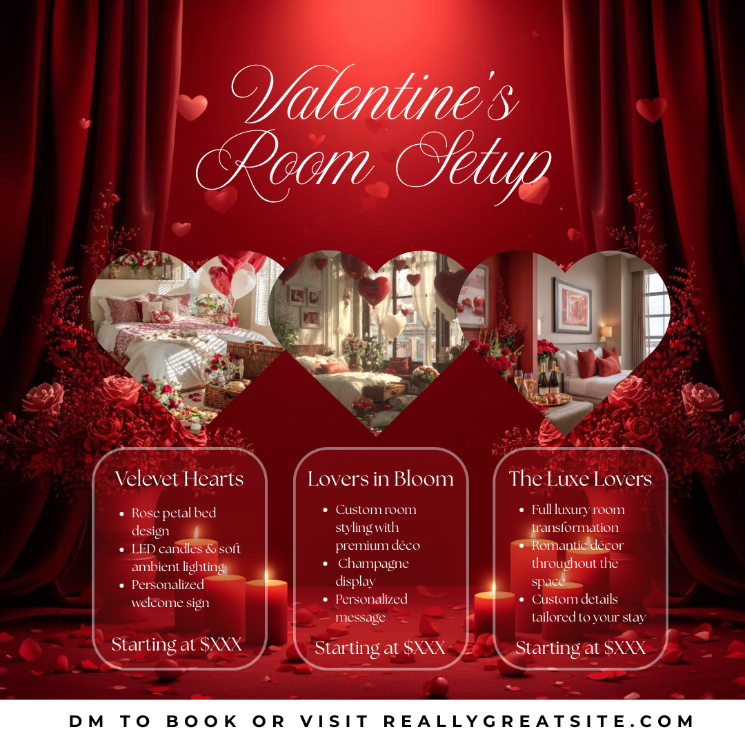 Valentine’s Room Setup Canva Template | Velvet Hearts Romantic Hotel Flyer | Luxury Valentine’s Room Decor Promo | Editable Canva Design