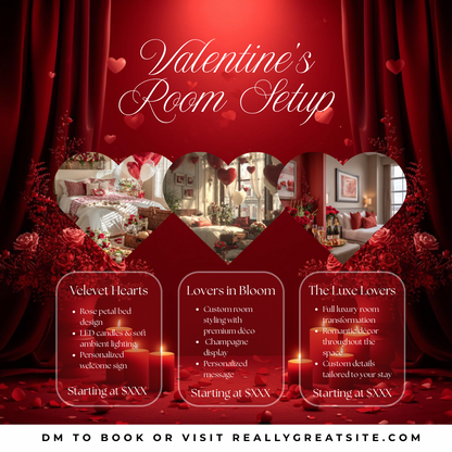 Valentine’s Room Setup Canva Template | Velvet Hearts Romantic Hotel Flyer | Luxury Valentine’s Room Decor Promo | Editable Canva Design