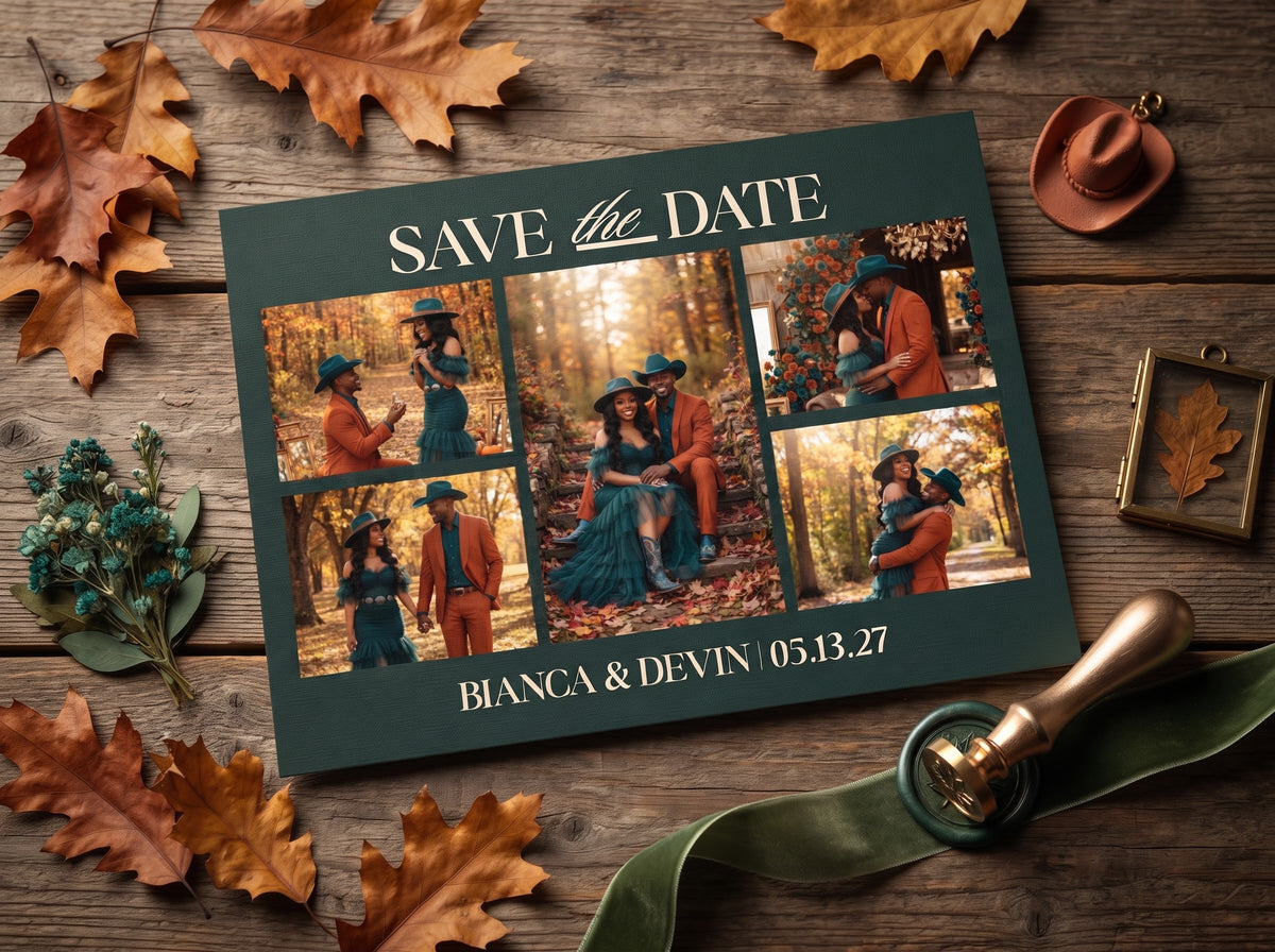 Teal Save the Date photo card with collage of couple photos and names/date
