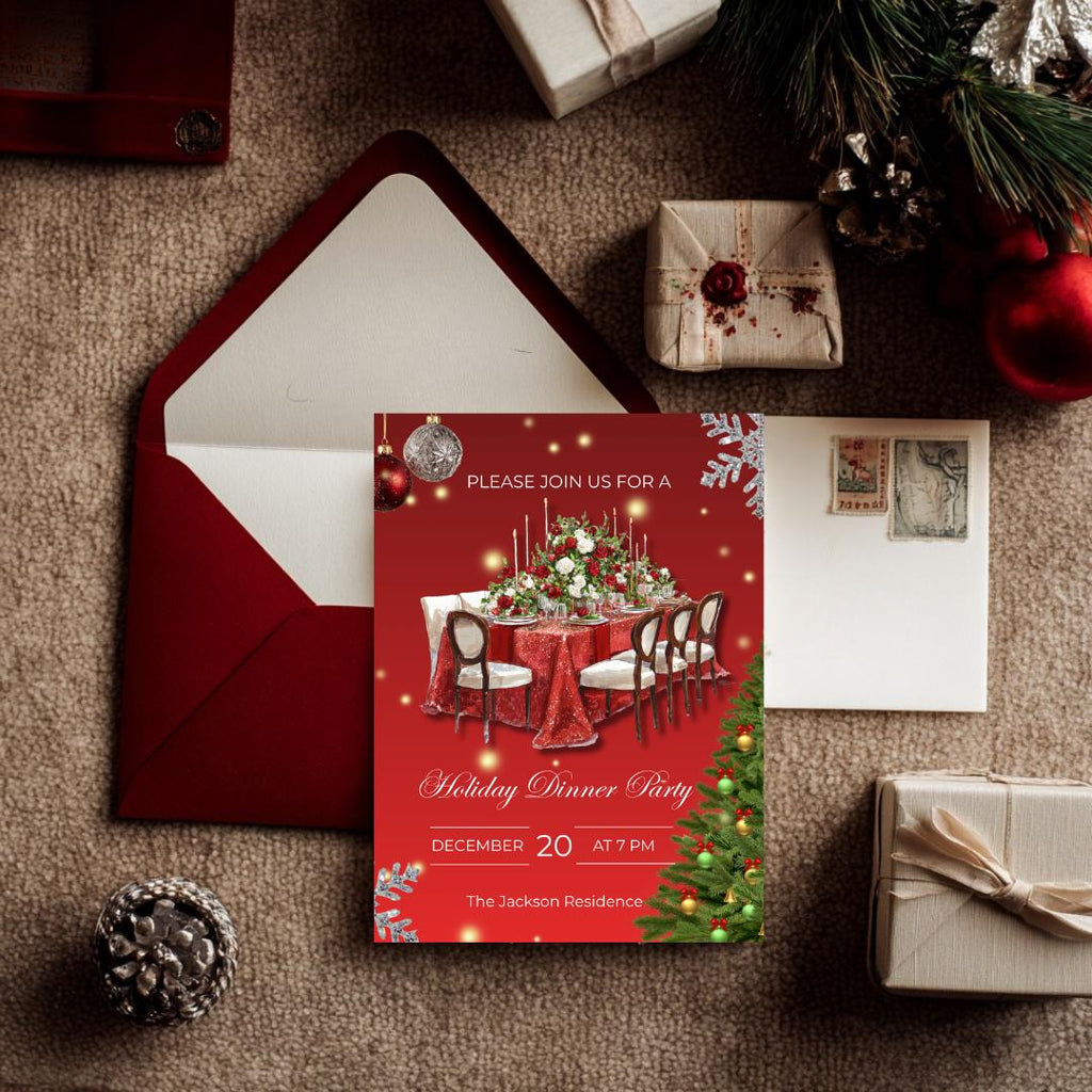 Holiday Dinner Party Invitation | Glam Christmas Dinner Invite | Elegant Red Christmas Party Template (Canva)
