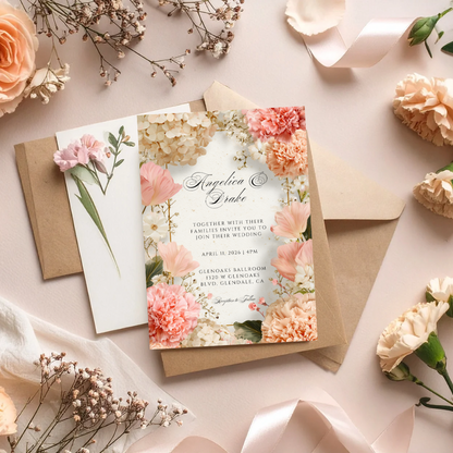 Cream Floral Wedding Invitation Template | Pink Carnation Printable | Elegant Canva Design