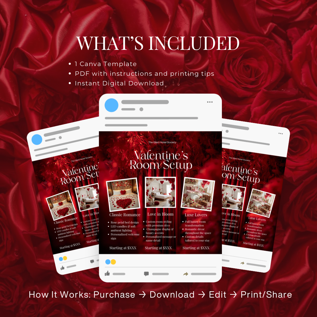 Valentine’s Day Room Decoration Flyer | Romantic Escape | Canva Price List Template for Businesses