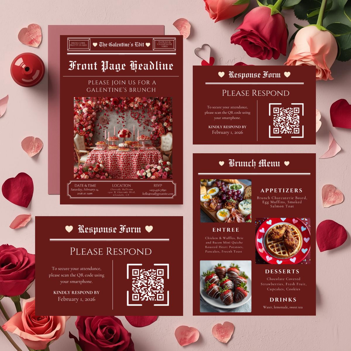 Galentine’s Brunch Event Suite Template | Luxury Editorial Newspaper Style Invitation, RSVP, Menu & Bar Menu | Canva