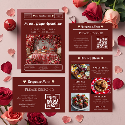 Galentine’s Brunch Event Suite Template | Luxury Editorial Newspaper Style Invitation, RSVP, Menu & Bar Menu | Canva