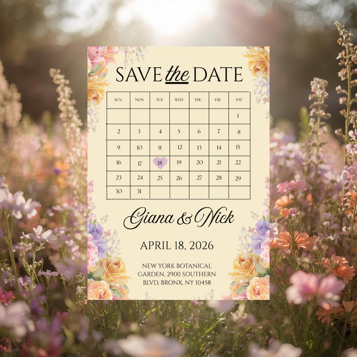 Floral save the date card with calendar layout and couple name in script