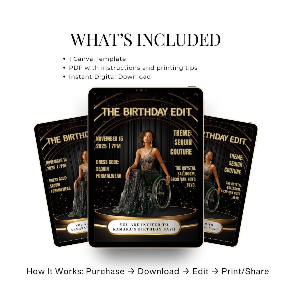 Black & Gold Magazine Birthday Invitation | Glam Party, Sequin Couture | Done for you Design