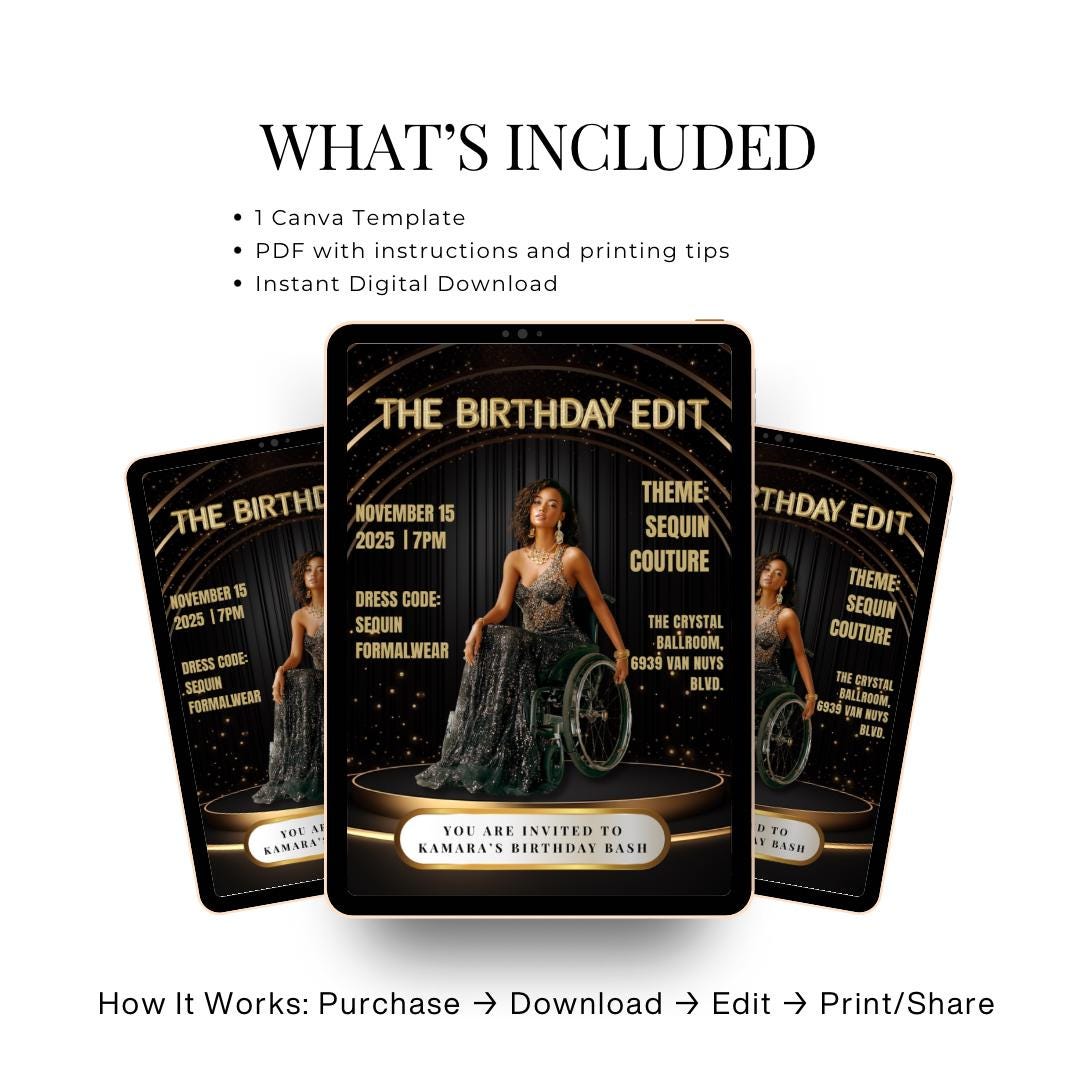 Black & Gold Magazine Birthday Invitation | Glam Party, Sequin Couture | Semi-Custom Design