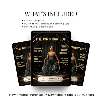 Black & Gold Magazine Birthday Invitation | Glam Party, Sequin Couture (Editable Canva Template)