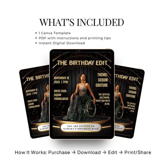 Black & Gold Magazine Birthday Invitation | Glam Party, Sequin Couture (Editable Canva Template)