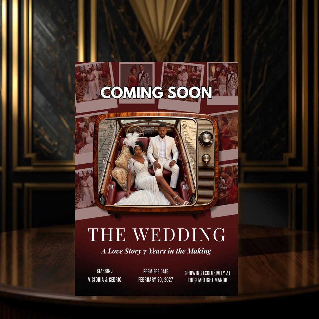 Editable cinematic wedding movie poster template with couple inside a vintage TV frame