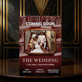 Editable cinematic wedding movie poster template with couple inside a vintage TV frame