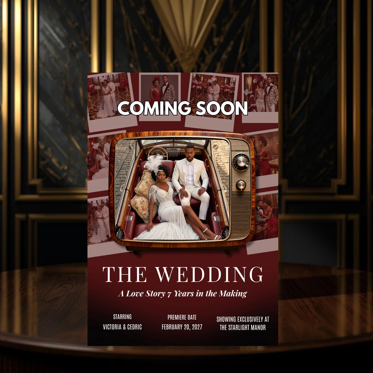 Editable cinematic wedding movie poster template with couple inside a vintage TV frame