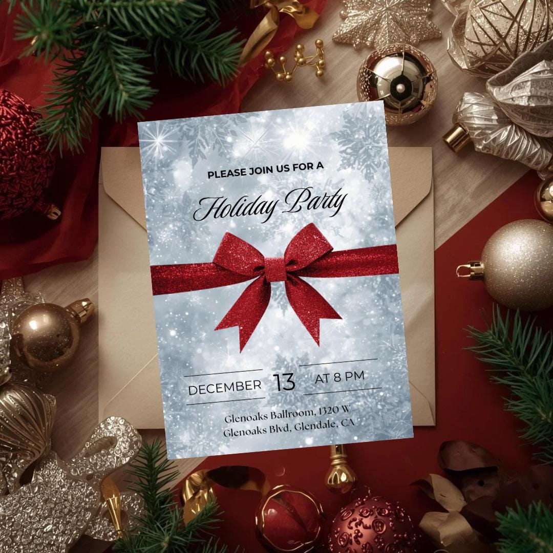 Classic Holiday Party Invitation | Red Bow & Snowflakes Canva Template