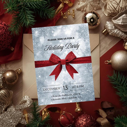 Classic Holiday Party Invitation | Red Bow & Snowflakes Canva Template
