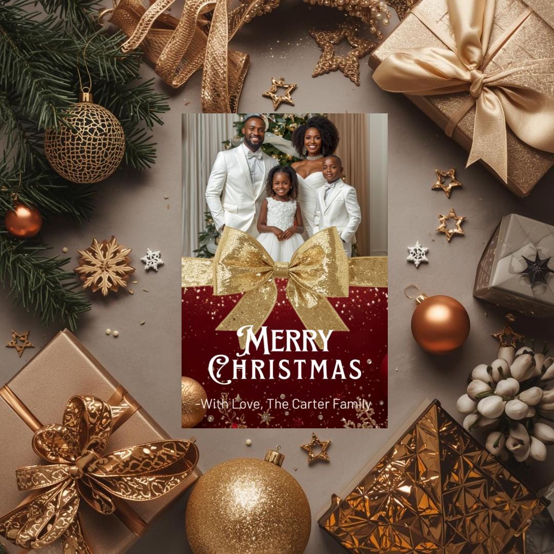 Christmas photo card template with large gold bow, family portrait, and 'Merry Christmas' text