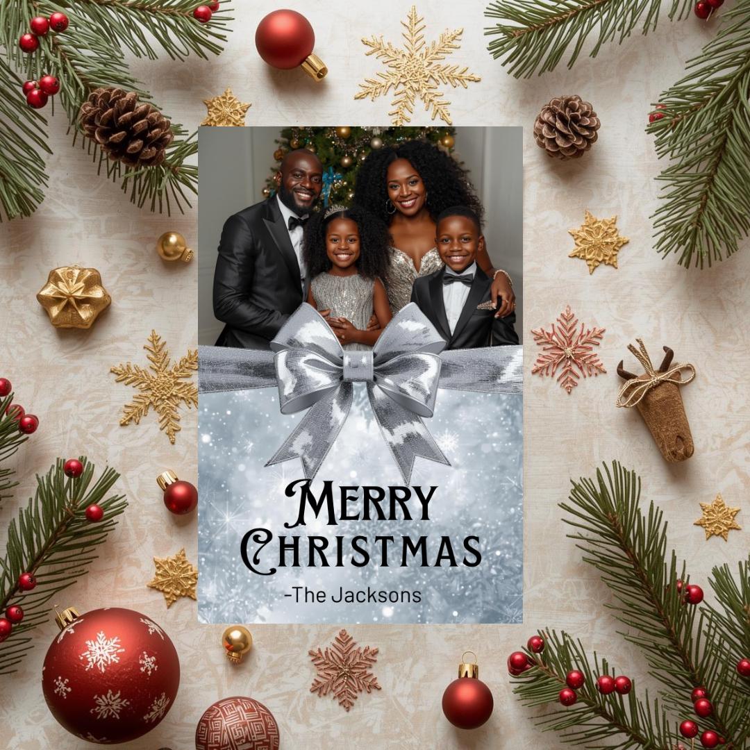 Vertical Christmas card template with family photo, silver ribbon bow, and “Merry Christmas”
