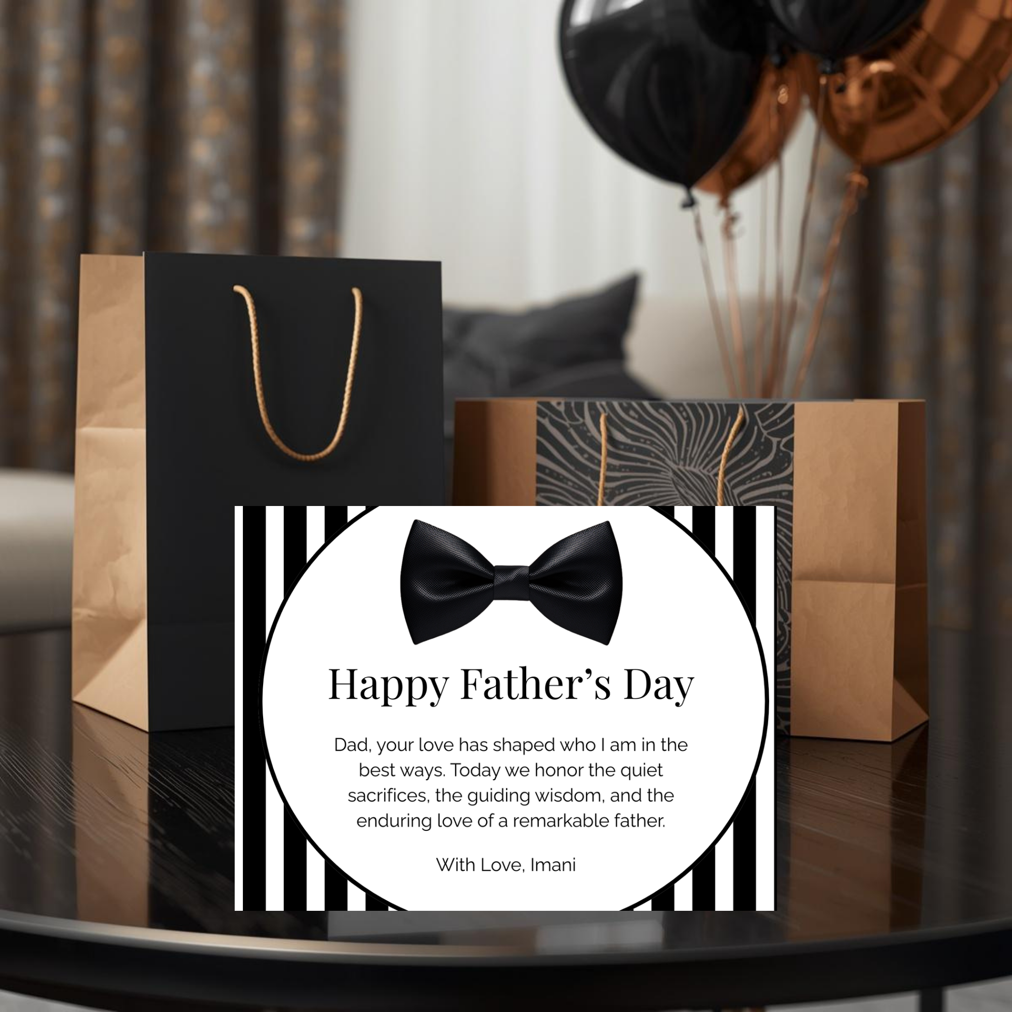 Luxe Father’s Day Card with Bow Tie Design | Editable in Canva | Formal Black and White | Printable Template | Instant Download