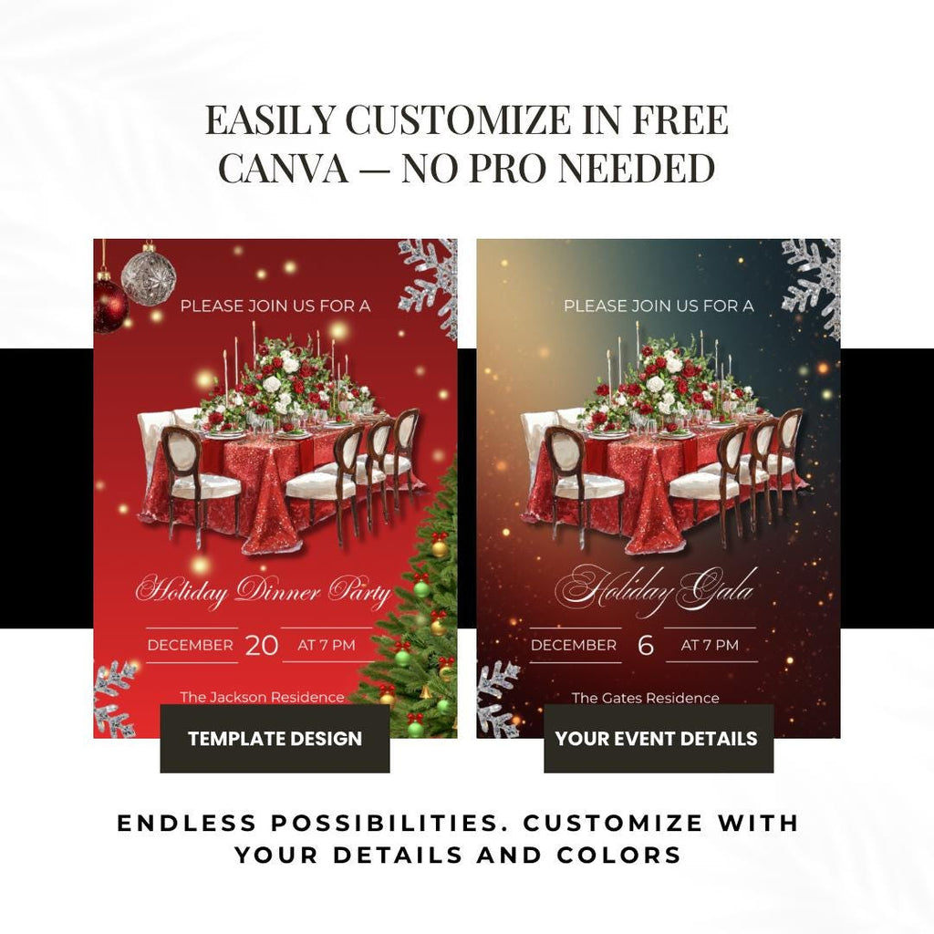 Holiday Dinner Party Invitation | Glam Christmas Dinner Invite | Elegant Red Christmas Party Template (Canva)