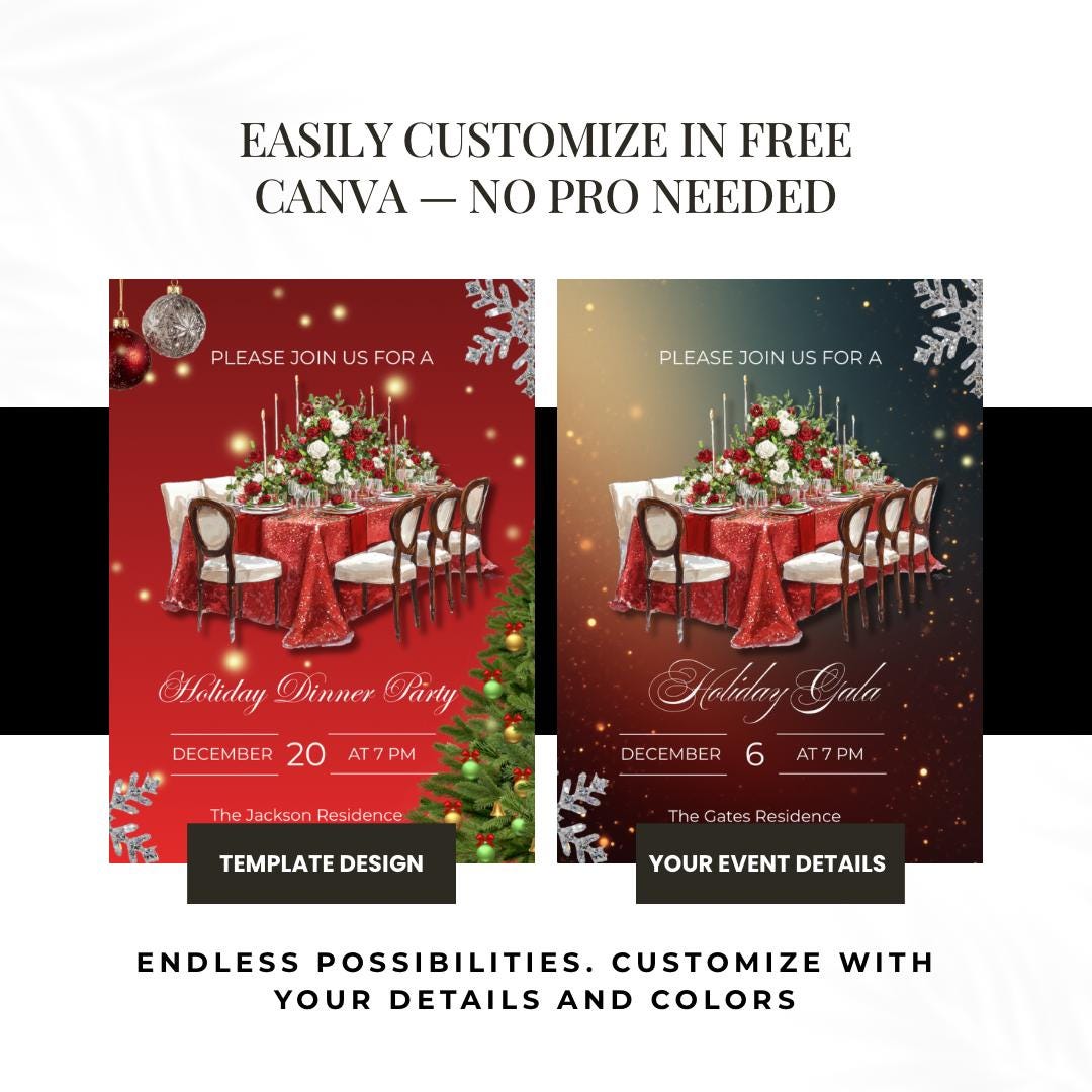 Holiday Dinner Party Invitation | Glam Christmas Dinner Invite | Elegant Red Christmas Party Template (Canva)