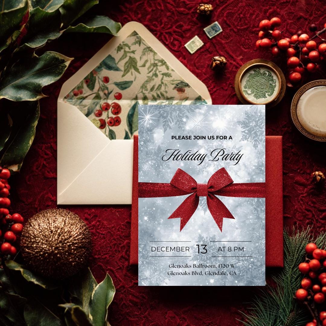 Classic Holiday Party Invitation | Red Bow & Snowflakes Canva Template