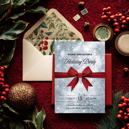 Classic Holiday Party Invitation | Red Bow & Snowflakes Canva Template