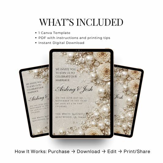 Gold Pearl Wedding Invitation Template | Timeless Romantic Bridal Invitation | Editable Canva Design