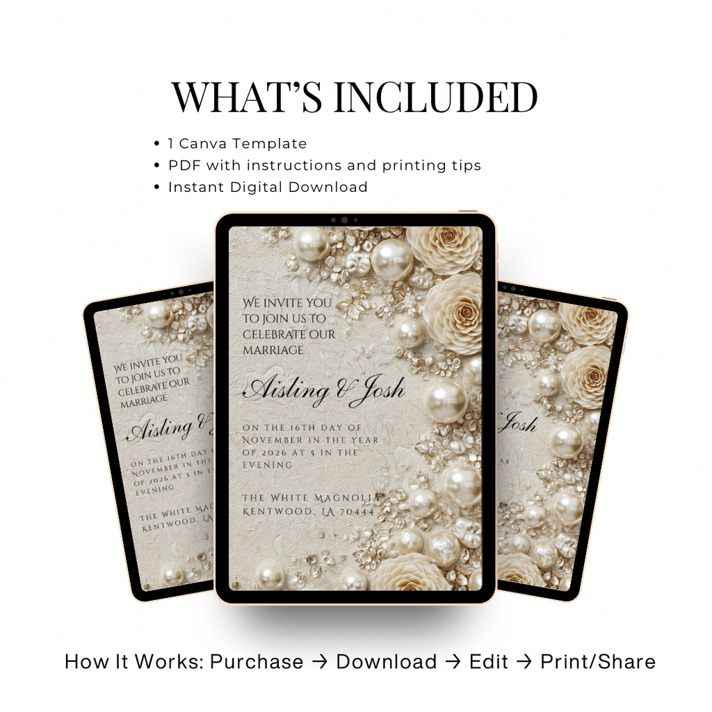 Pearl Wedding Invitation Template | Timeless Romantic Bridal Invitation | Editable Canva Design