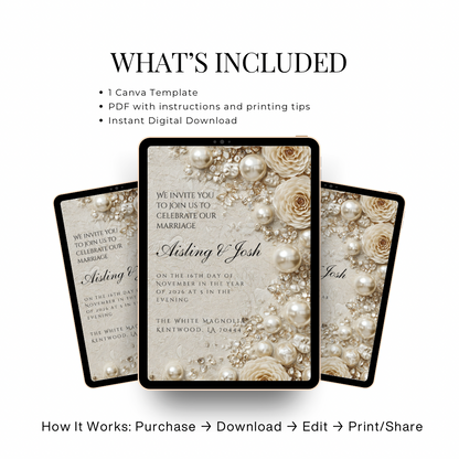 Gold Pearl Wedding Invitation Template | Timeless Romantic Bridal Invitation | Editable Canva Design