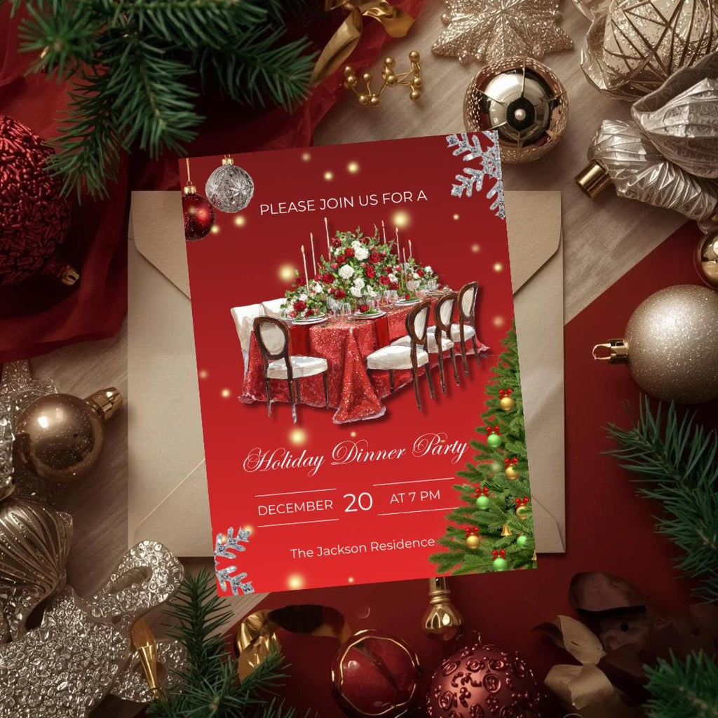 Holiday Dinner Party Invitation | Glam Christmas Dinner Invite | Elegant Red Christmas Party Template (Canva)