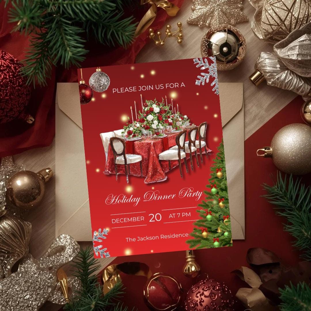 Holiday Dinner Party Invitation | Glam Christmas Dinner Invite | Elegant Red Christmas Party Template (Canva)