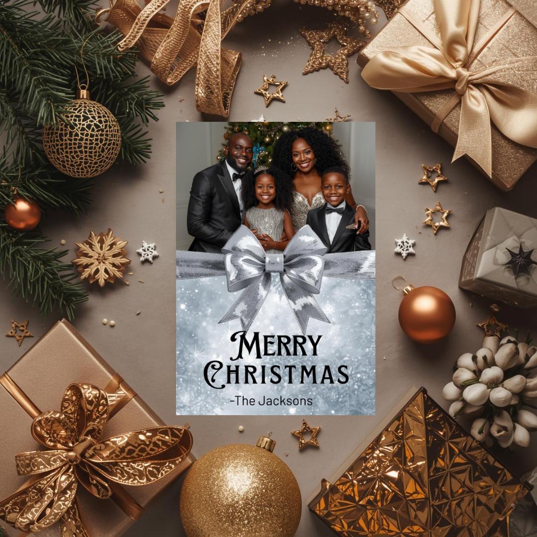 Portrait Christmas card template with family photo, silver bow, snowy blue “Merry Christmas”