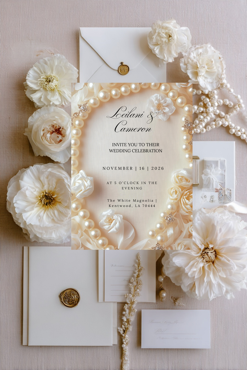 Elegant Pearl Wedding Invitation Template: Ivory Roses (Digital Download)