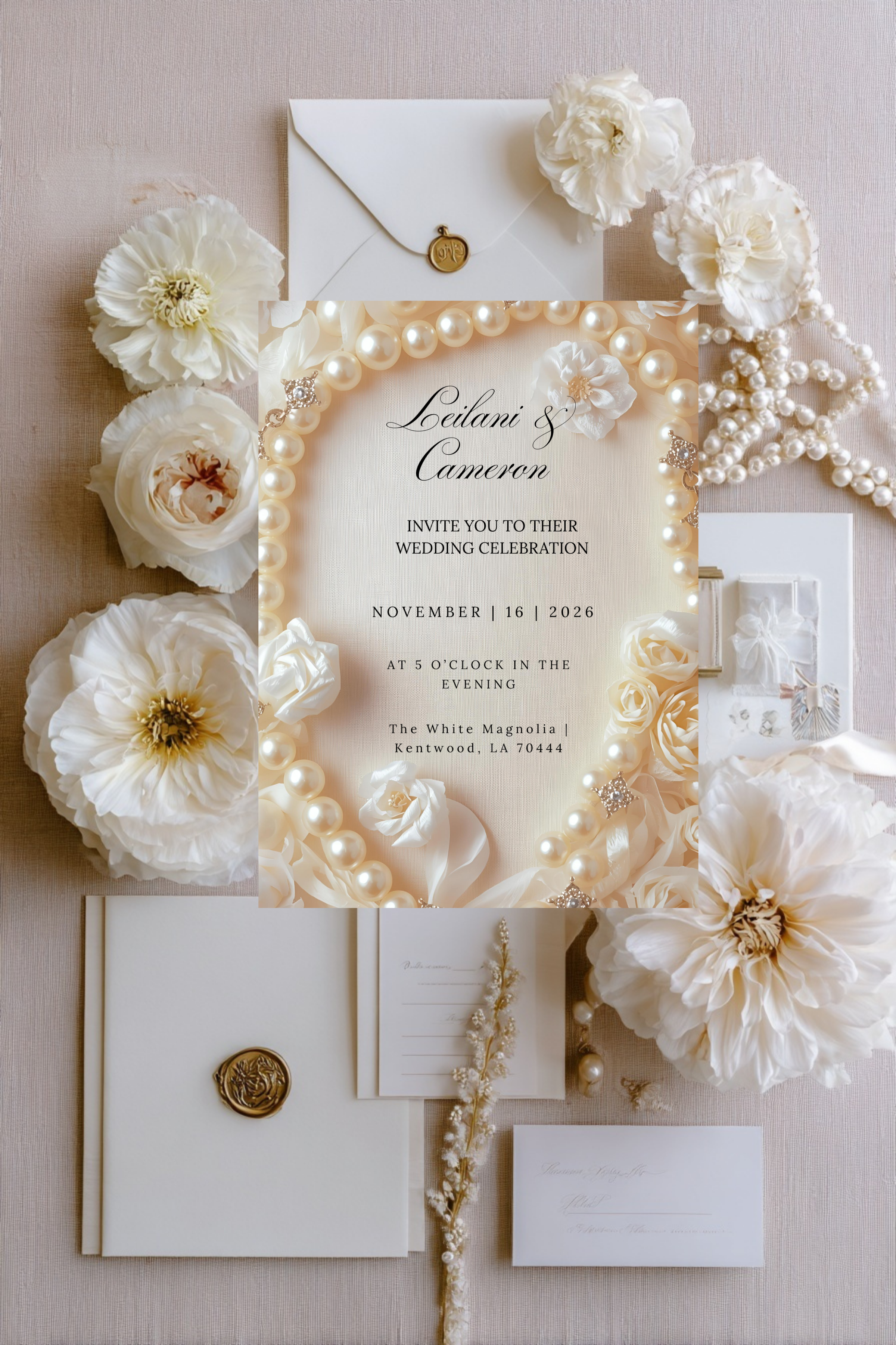 Elegant Pearl Wedding Invitation Template: Ivory Roses (Digital Download)