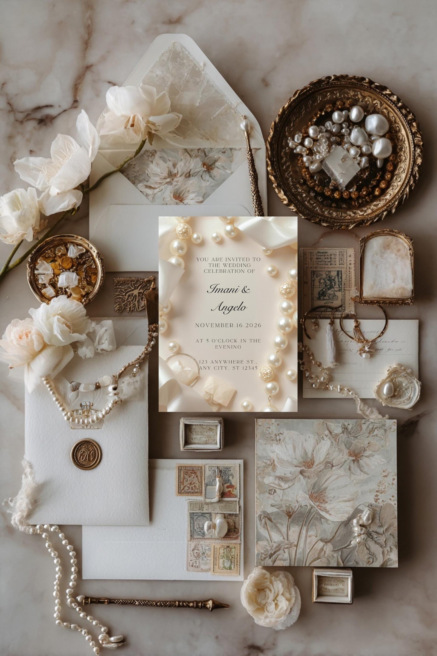 Modern Pearl Satin Wedding Invitation | Chic Elegant Bridal Template | Editable Canva Wedding Suite