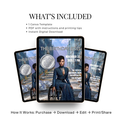 Diamonds and Denim Birthday Invitation | Magazine Style, Glam Party (Digital)