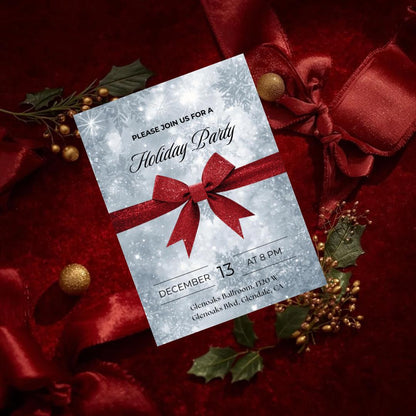 Classic Holiday Party Invitation | Red Bow & Snowflakes Canva Template